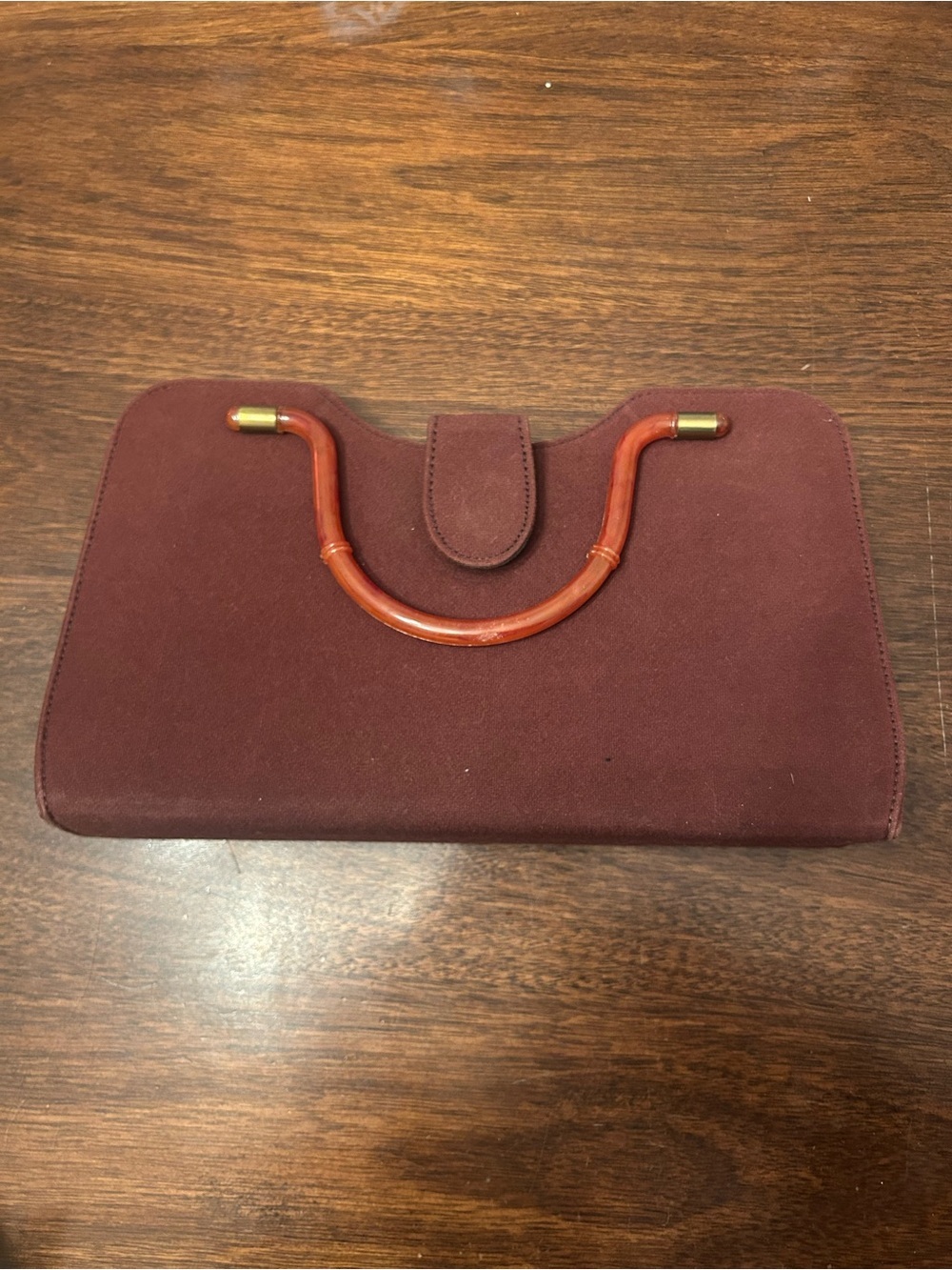 Vintage Womens Burgundy Clutch with Wooden Handle